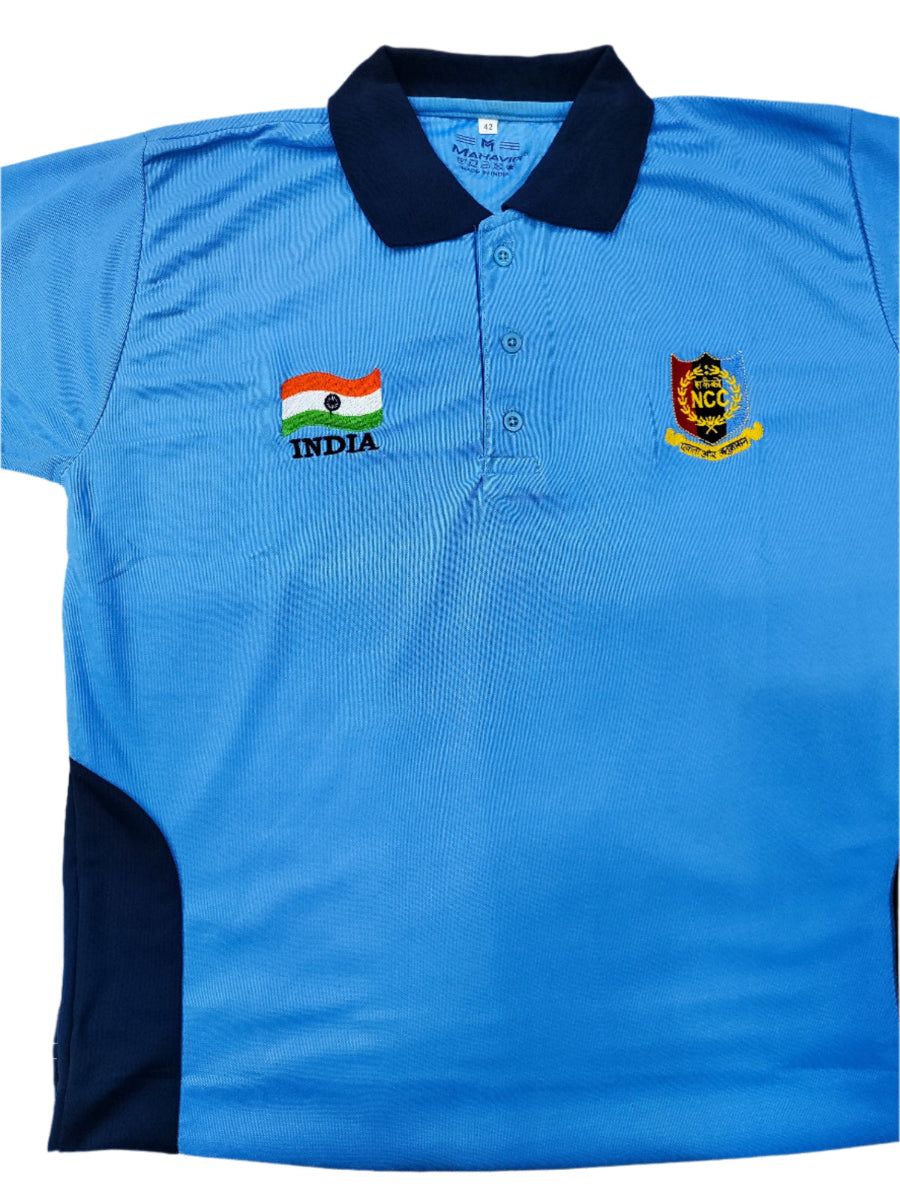 Blue polo shirt with India flag and emblem on a white background