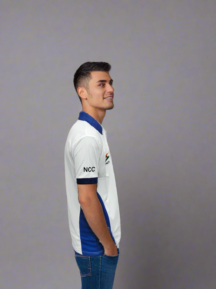 Person wearing a white shirt with 'NCC' logo in a clothing store.