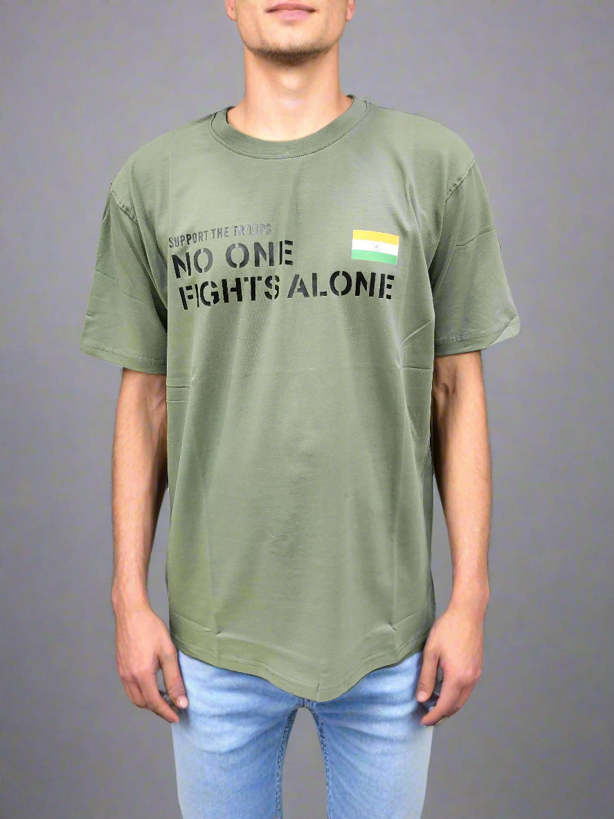 ADVENTURE HUT T-SHIRT OLIVE GREEN NO ONE FIGHTS ALONE ADVENTURES