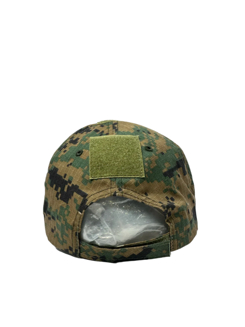 Camouflage baseball cap with a patch on a white background