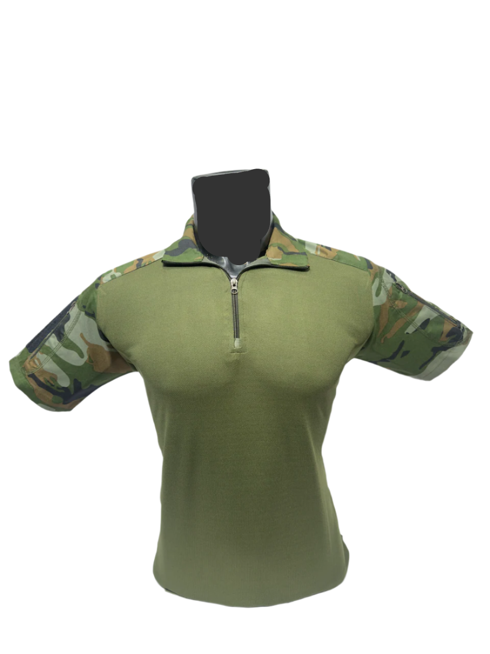 Green shirt with camouflage sleeves on a mannequin against a white background