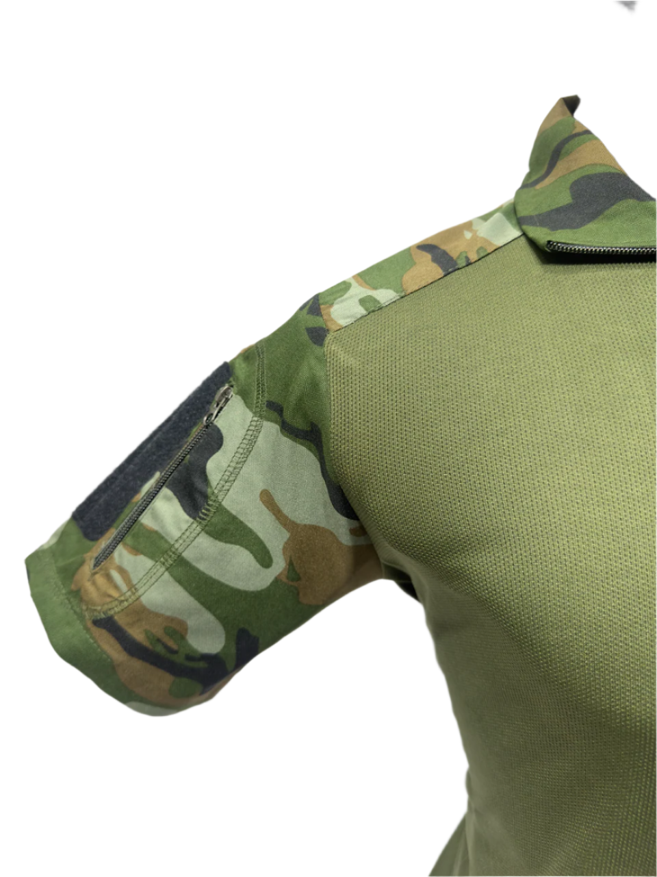Green tactical vest with camouflage arm on a white background