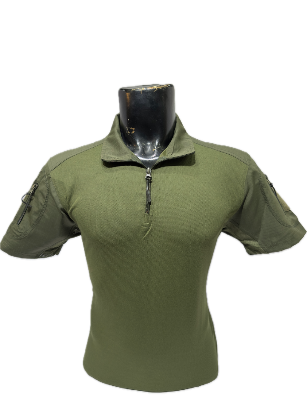 Green short-sleeve shirt with a zipper on a mannequin against a white background