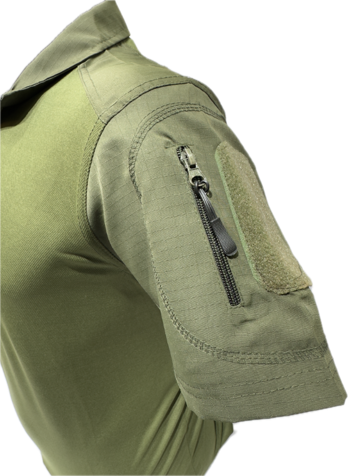 Green tactical jacket with a zipper pocket on a white background
