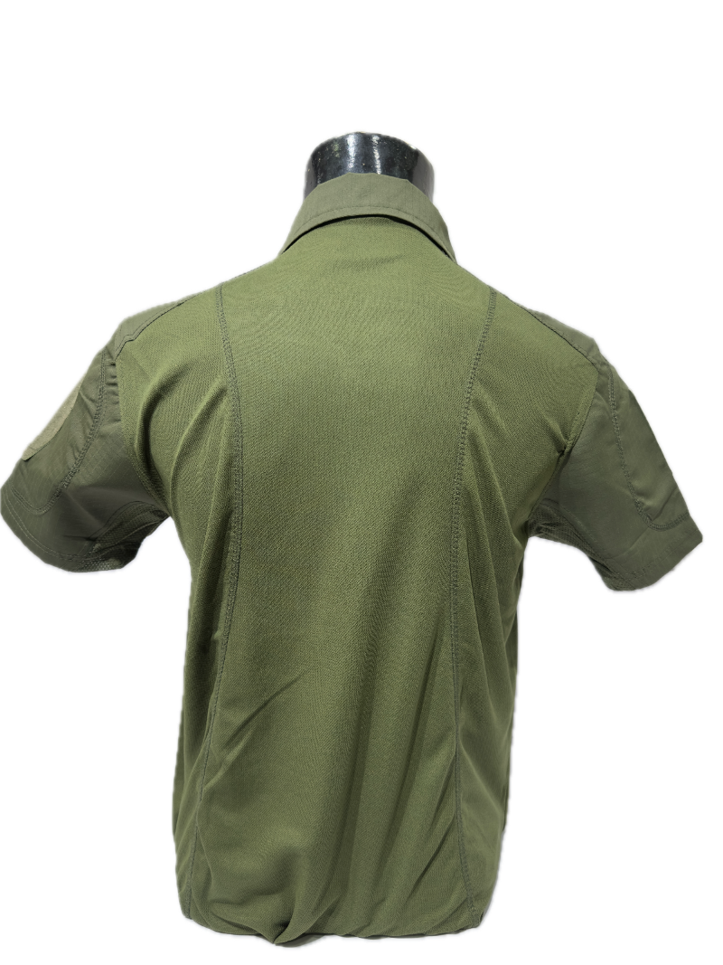 Green short-sleeve shirt on a mannequin against a white background