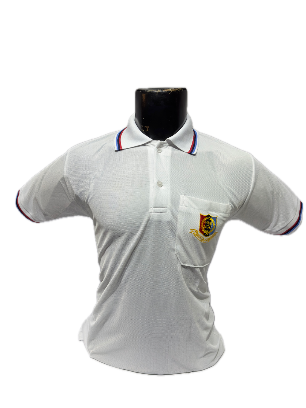 White polo shirt with a logo on a mannequin against a white background