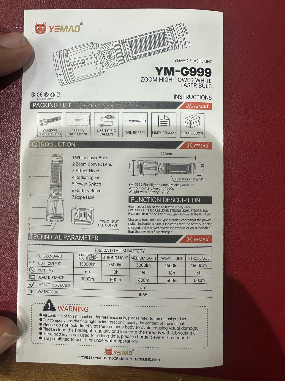 YEMAO YM-G999-60W Tactical Flashlight - 15000LM XHP360 LED with 8x18650 Batteries & Type-C Charging