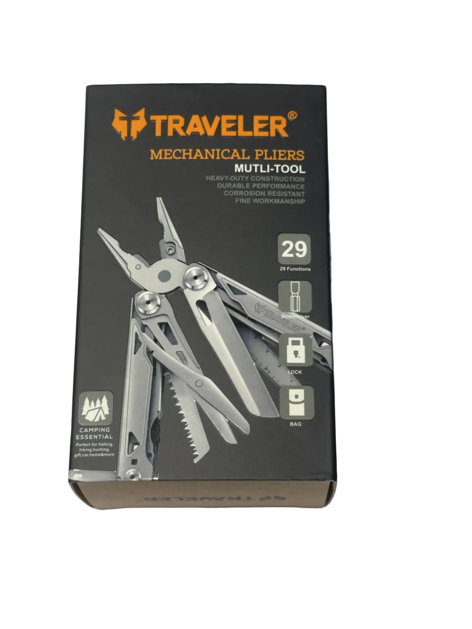 Box of Traveler mechanical pliers multi-tool on a white background