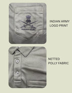 Gray shirt with Indian Army logo print and netted polly fabric on a beige background