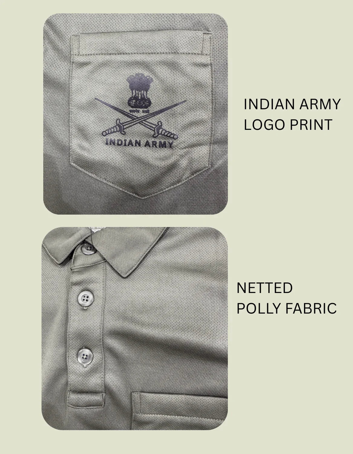 Gray shirt with Indian Army logo print and netted polly fabric on a beige background