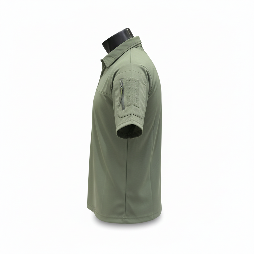 Green tactical shirt on a mannequin with a white background