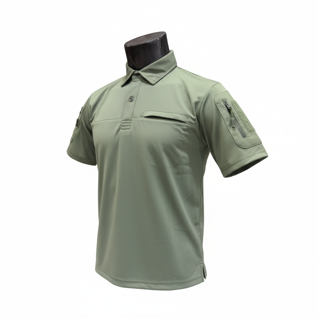Green tactical polo shirt on a mannequin against a white background