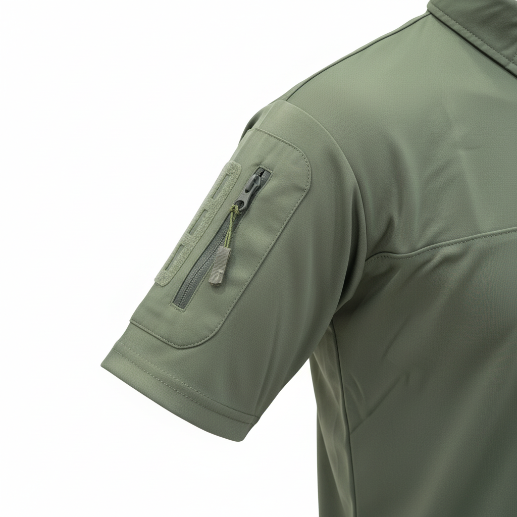 Green tactical shirt with shoulder pocket and zipper on a white background