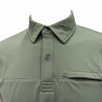 Green army polo with collar and button details on a white background
