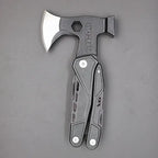 Multitool axe with a metallic head and black handle on a gray background