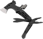 Multitool with axe head and various tools on a white background