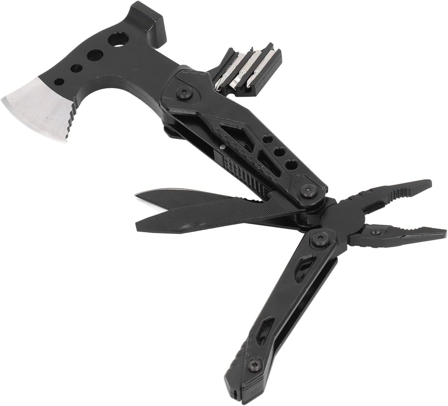 Multitool with axe head and various tools on a white background