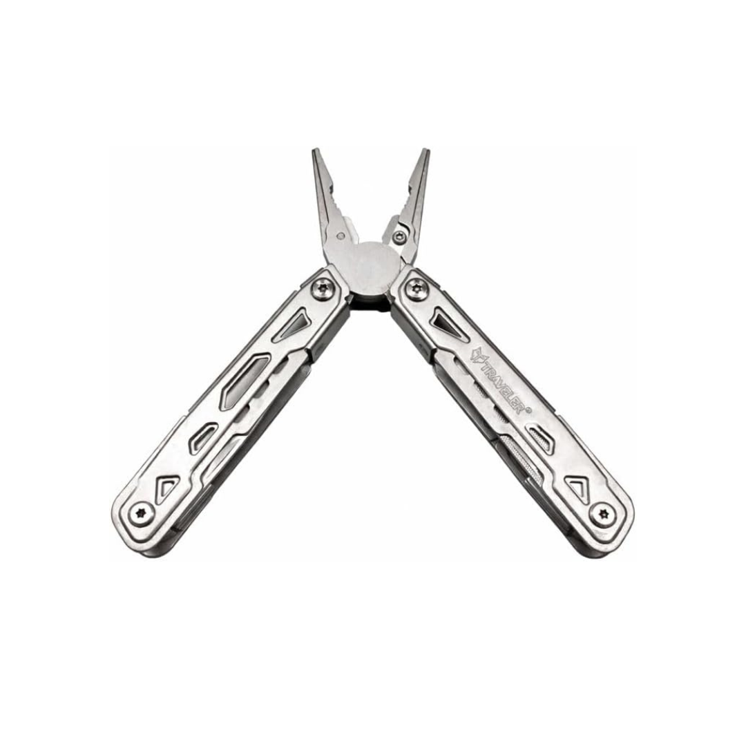 Multitool with various tools on a white background