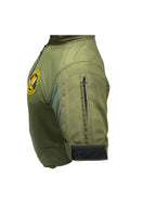 Green jacket with a patch and zipper on a white background