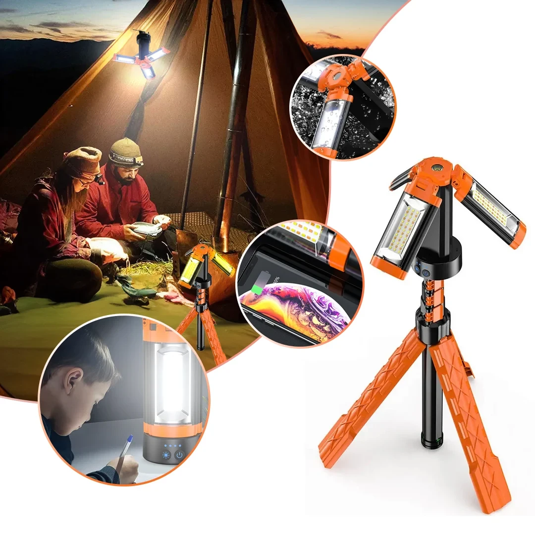 Portable Camping Light with Stand – 6ft Tripod, 3 LED Heads, 2500 Lumens Rechargeable