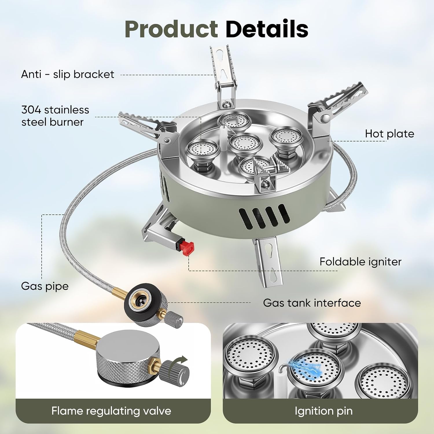 Portable Camping Stove 11000W – Windproof Backpacking Gas Stove with Piezo Ignition & EVA Case
