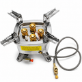 A stainless steel portable camping stove with four adjustable burners, gold-colored burner caps, a gray braided gas hose, and a red valve, shown on a white background.