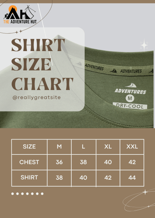 Green shirt with size chart and 'The Adventure Hut' branding on a brown background