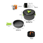 Camping cookware set with portable stove, boiling pots, utensils, and carrying pouch