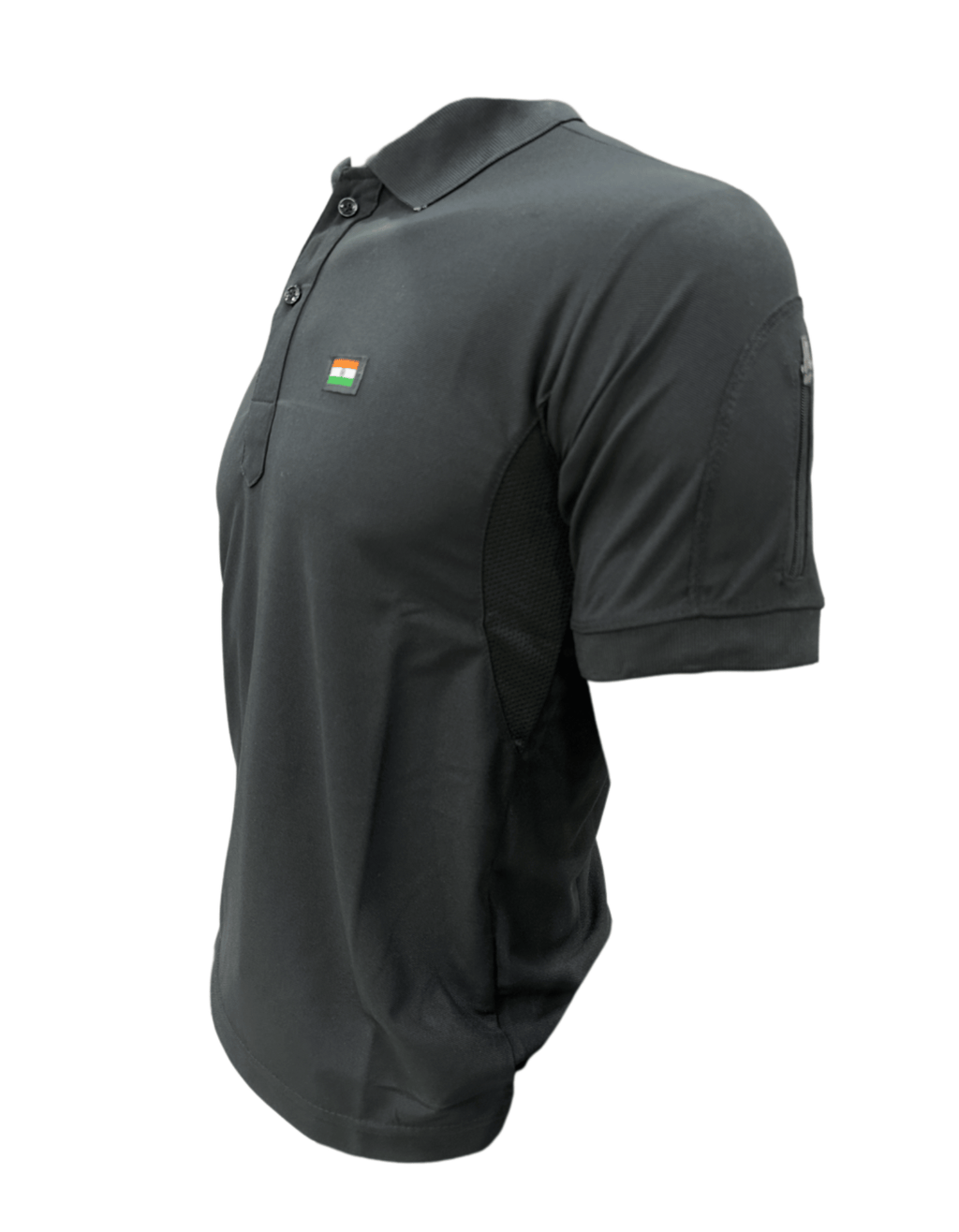 Adventure Hut Tactical Black Polo T-Shirt with Indian Flag Patch | Synthetic Performance Combat Wear