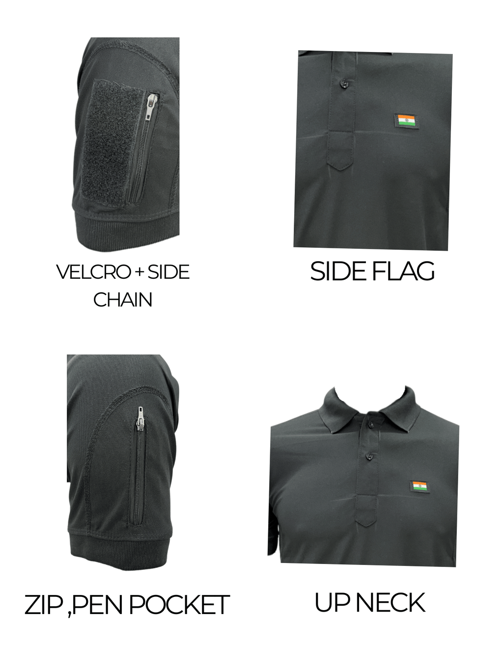 Adventure Hut Tactical Black Polo T-Shirt with Indian Flag Patch | Synthetic Performance Combat Wear