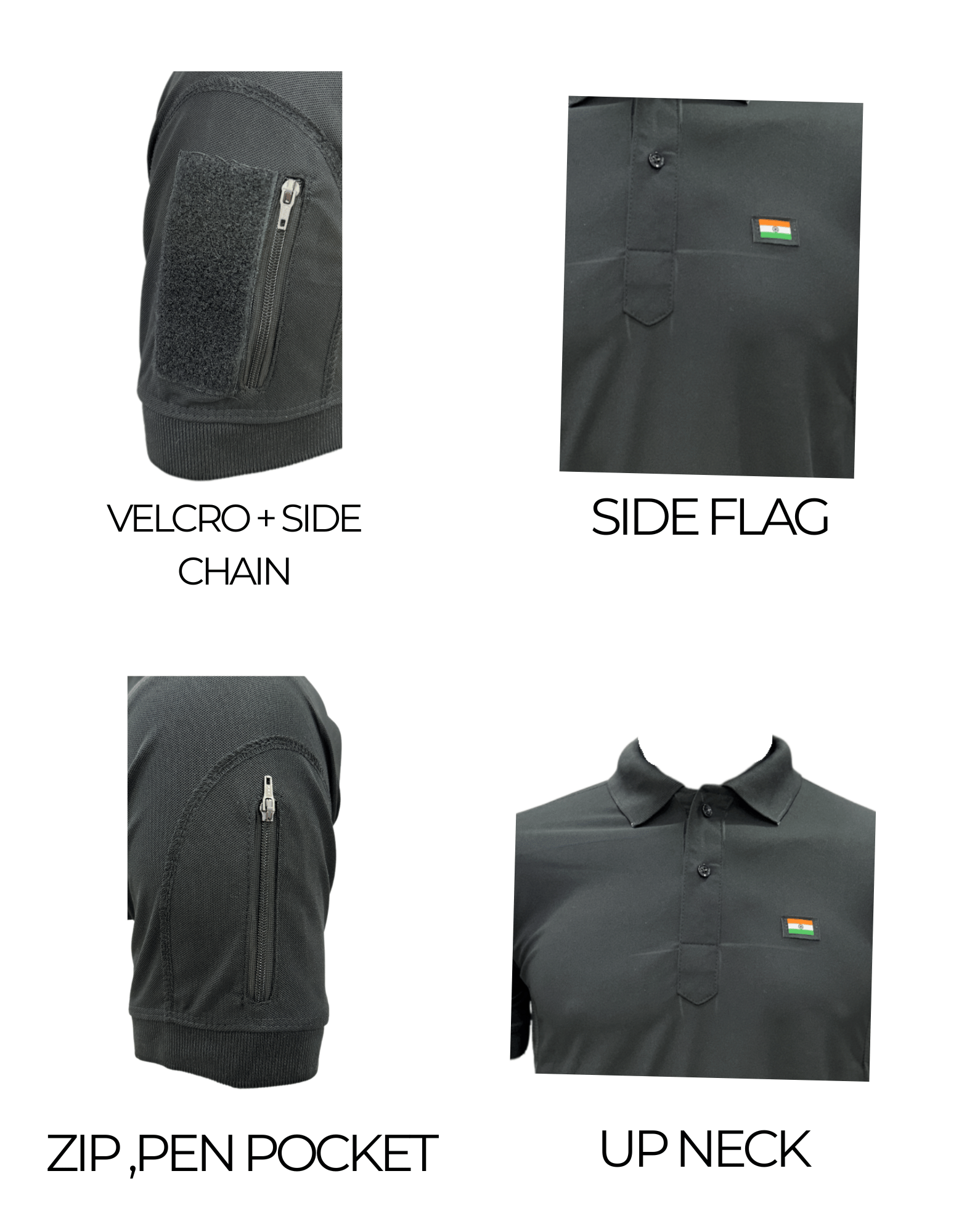 Adventure Hut Tactical Black Polo T-Shirt with Indian Flag Patch | Synthetic Performance Combat Wear