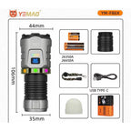 TAH YEMAO F86X Rechargeable Tactical Flashlight, 3300 Lumens, USB-C, Magnetic Base, 5000 mAh Battery, Black