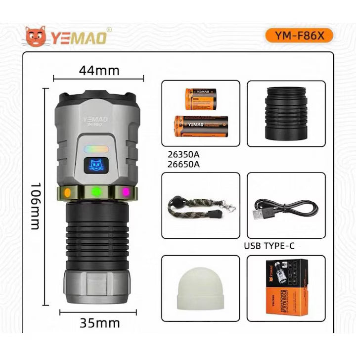 TAH YEMAO F86X Rechargeable Tactical Flashlight, 3300 Lumens, USB-C, Magnetic Base, 5000 mAh Battery, Black
