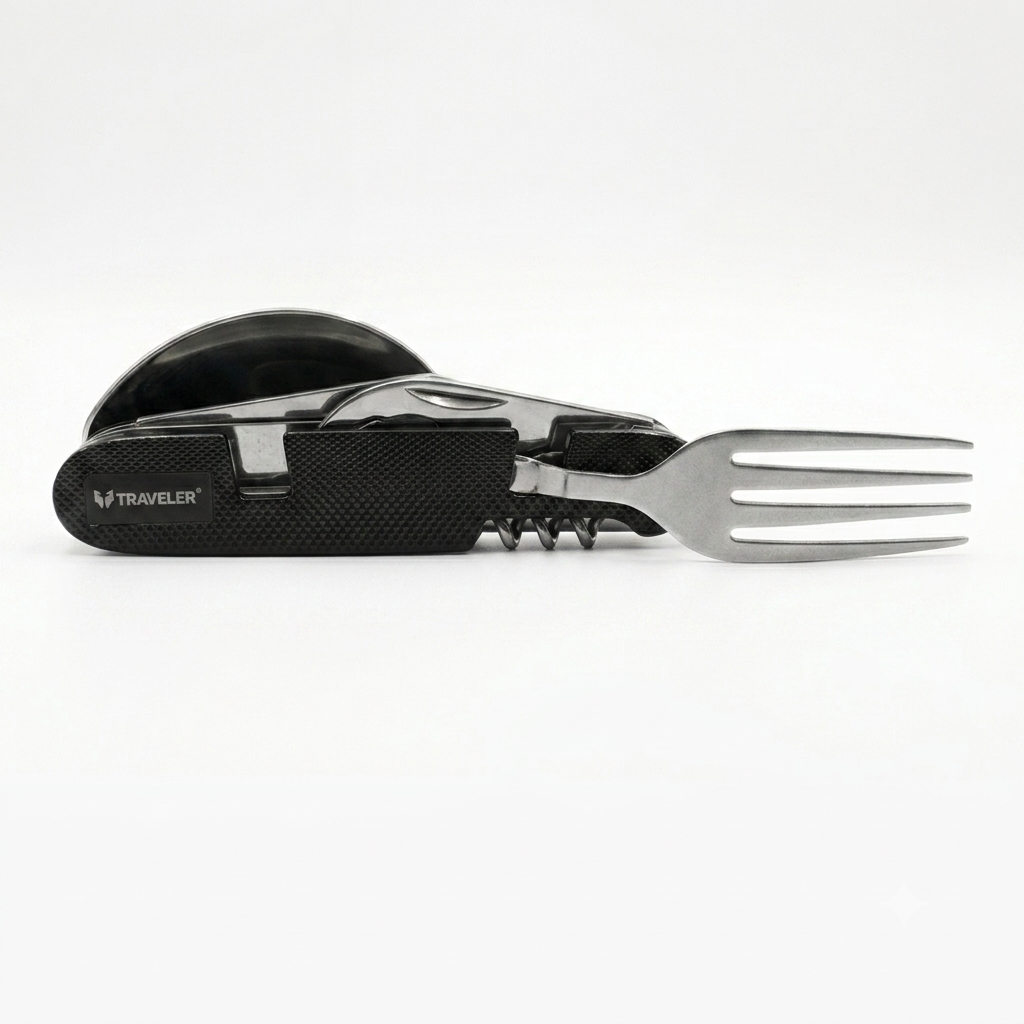 A black and silver multi-tool pocket knife with a built-in stainless steel fork, shown on a clean white background. The brand name 'TRAVELER' is clearly visible on the textured black handle.