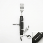 A multi-tool pocket knife with a black textured handle and stainless steel tools extended, including a fork, corkscrew, spoon, and bottle opener. A small inset in the bottom right shows a close-up of the handle with the brand name 'TRAVELER' visible.