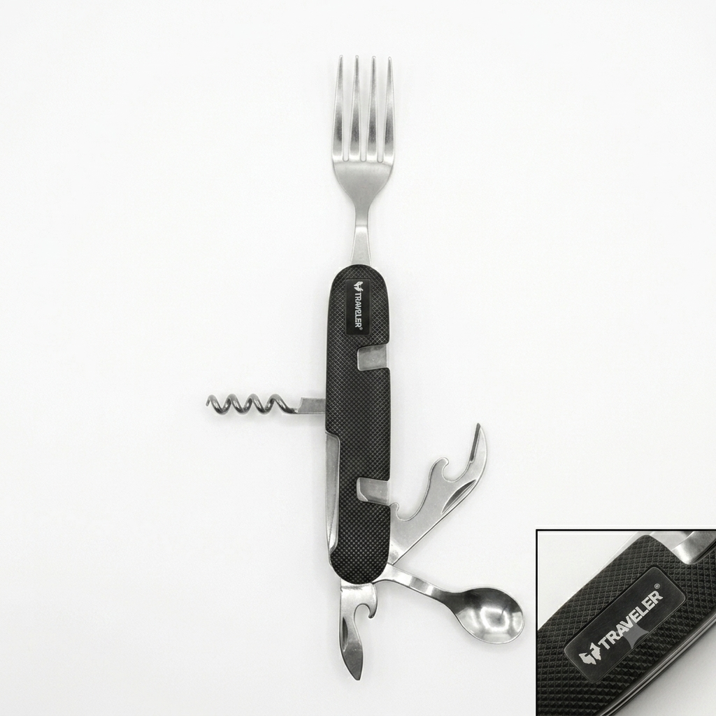 A multi-tool pocket knife with a black textured handle and stainless steel tools extended, including a fork, corkscrew, spoon, and bottle opener. A small inset in the bottom right shows a close-up of the handle with the brand name 'TRAVELER' visible.