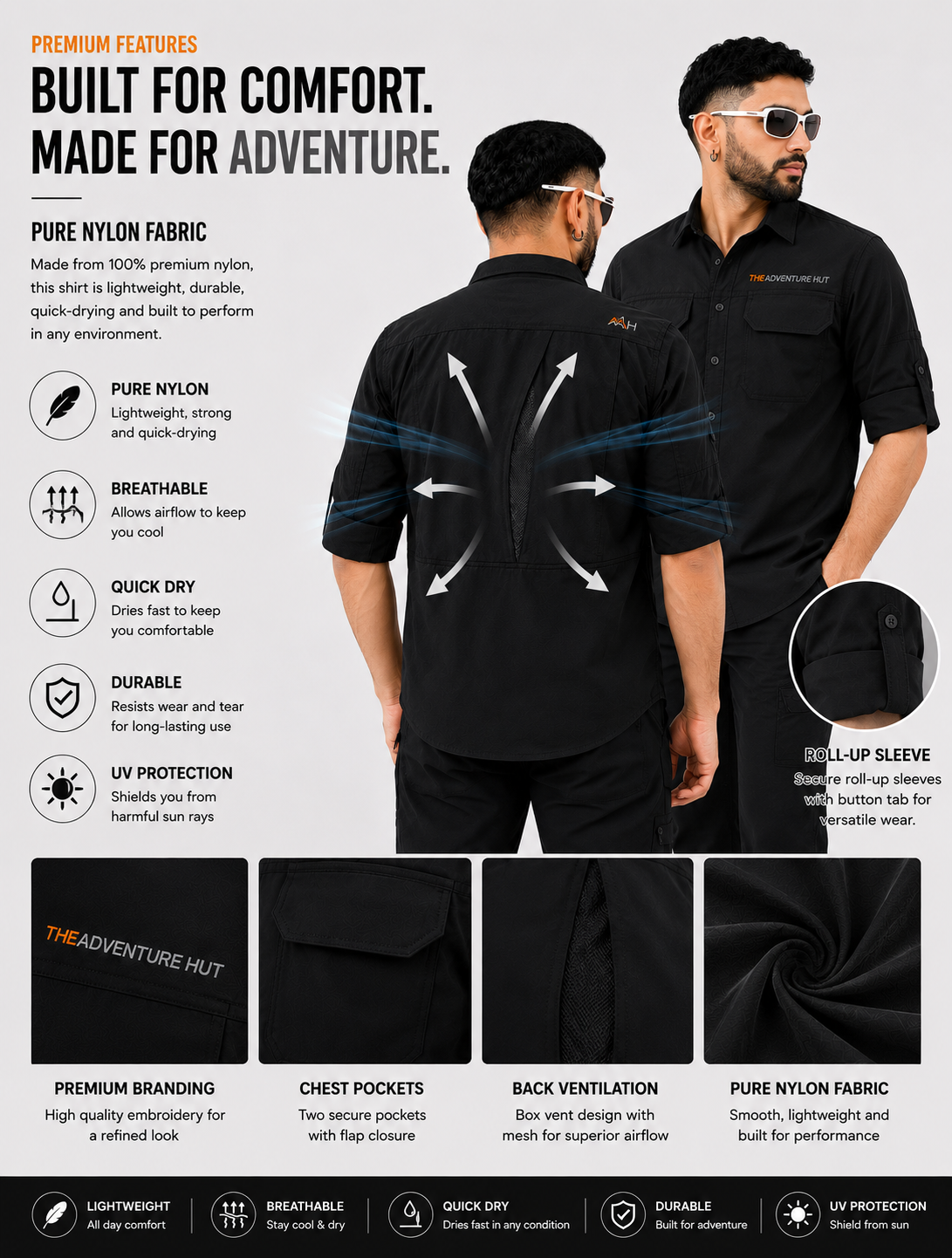 TAH VentureX Cargo Shirt | Nylon Hiking & Wildlife Shirt - Black