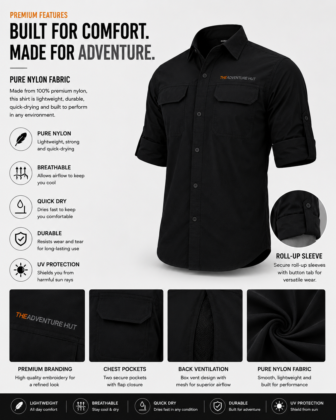 TAH VentureX Cargo Shirt | Nylon Hiking & Wildlife Shirt - Black