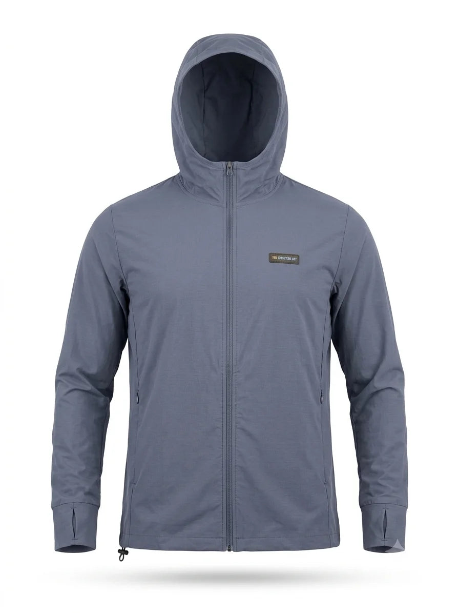 A slate blue-gray hooded zip-up jacket with a small Patagonia logo patch on the left chest, displayed on a clean white background.