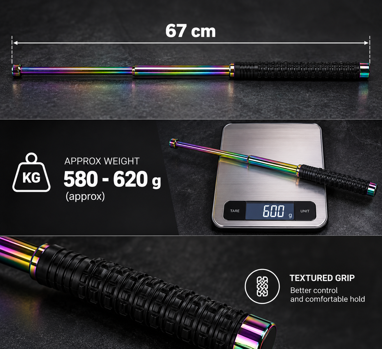 The Adventure Hut Telescopic Metal Baton 67 cm – Iridescent Finish & Textured Grip Heavy Quality