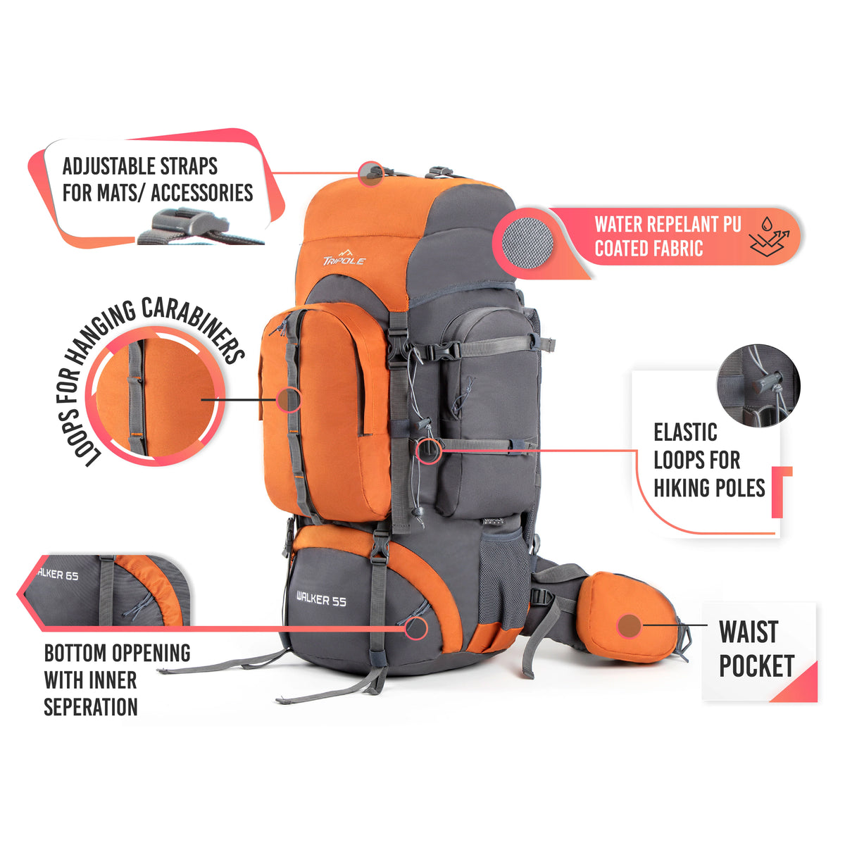 Tripole Walker 55L Internal Frame Hiking Rucksack with Rain Cover & Laptop Section - The Adventure Hut
