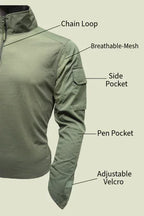 Adventure Hut 6 pocket Tactical Combat Shirt – Olive Green (Military Half-Zip, Arm Pockets) - The Adventure Hut