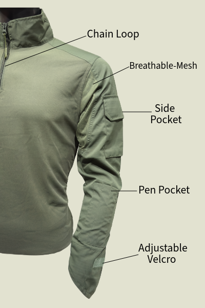 Adventure Hut 6 pocket Tactical Combat Shirt – Olive Green (Military Half-Zip, Arm Pockets)