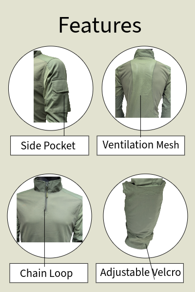Adventure Hut 6 pocket Tactical Combat Shirt – Olive Green (Military Half-Zip, Arm Pockets)