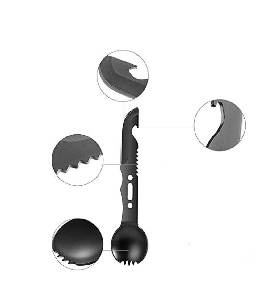Multifunctional Camping Spork with Whistle Cover - Heavy Duty, Combination of Various Essential Tools - The Adventure Hut