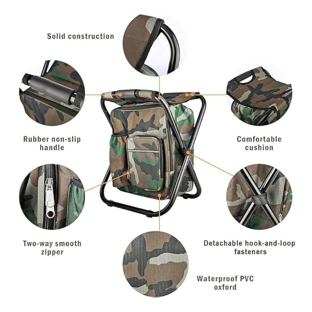 Folding Camping Stool with Built-in Cooler Bag – Portable Camouflage Chair with Storage for Fishing, Hiking, Picnic & Outdoor Adventures
