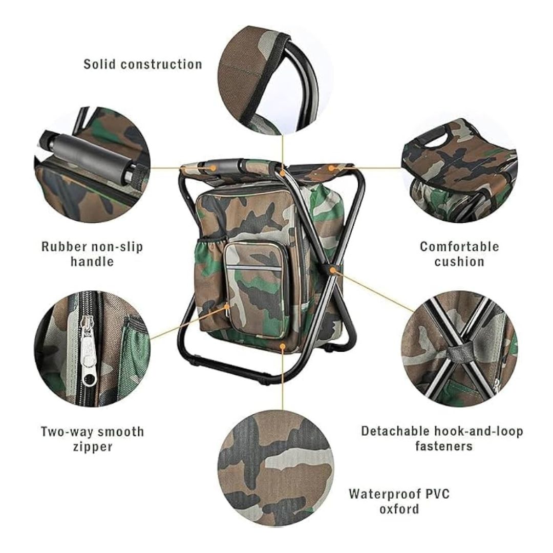 Folding Camping Stool with Built-in Cooler Bag – Portable Camouflage Chair with Storage for Fishing, Hiking, Picnic & Outdoor Adventures