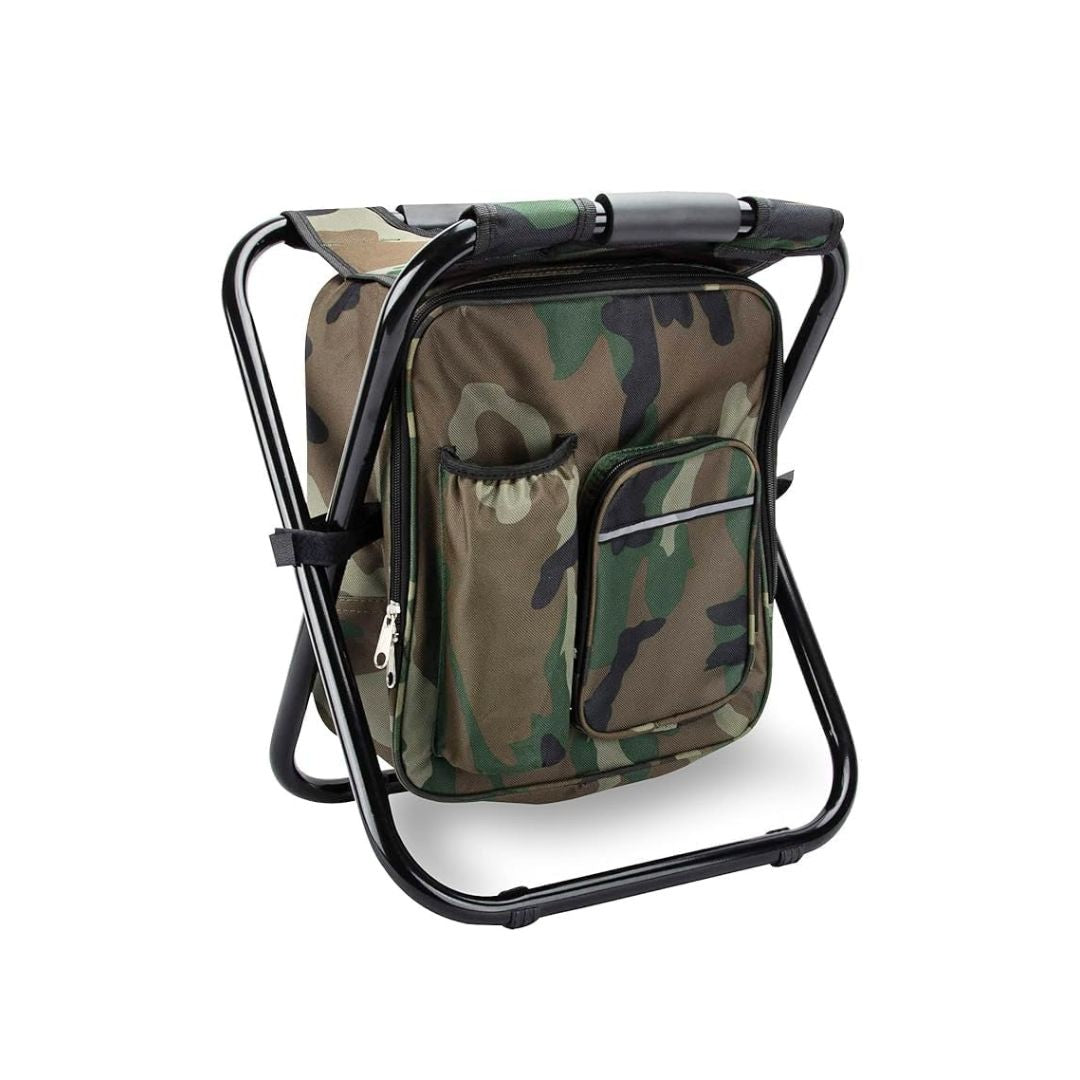 Folding Camping Stool with Built-in Cooler Bag – Portable Camouflage Chair with Storage for Fishing, Hiking, Picnic & Outdoor Adventures