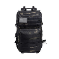 Camouflage backpack with American flag patch on a white background