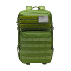 Green tactical backpack with American flag patch on a white background